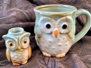 Pair Vintage Ceramic Stoneware Owl Mug & Toothpick Candle Holder St