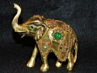 Vintage Solid Brass Lucky Trunk Up Elephant Statue W/ Multi Color Stones/jewels