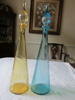 2 Vtg Mcm Empoli Italian Glass Amber & Blue Ribbed Genie Bottle Decanters 18.  25 "
