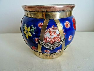 Antique Chinese Ceramic Pot Overlaid Brass Dragons & Butterlies Maker 