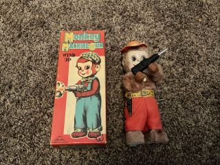 Vintage Japan Tin Mechanical Wind Up Toy Monkey Machine Gun With Box