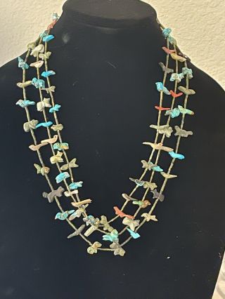 Vintage Navajo Or Zuni Native American Hand Carved Fetish Necklace Turquoise