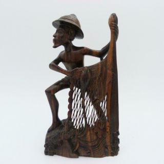 Chinese Carved Wooden Figure Of A Fisherman With Net