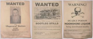 Set Of 3 B/w Moonshine Wanted Posters Popcorn Sutton,  Bootleg Stills,  More