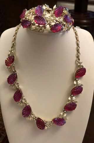 Vintage Coro Pink Necklace Bracelet Screwback Earring Set