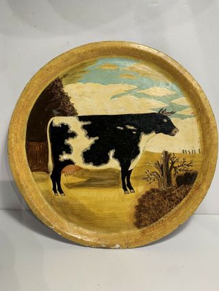 Wonderful Old Vintage Folk Art Prize Cow Painting On Wood Plate