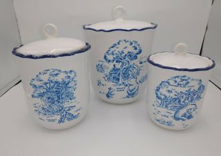 Rare Disney Winnie The Pooh Hundred Acre Wood Blue Toile Stoneware Canister Set