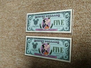 Disney Dollars 1988 D Series Consecutive Goofy Five 5 Dollar Bills 2x