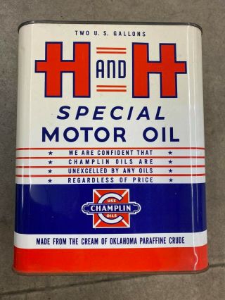 Vintage H And H Special Motor Oil 2 Gallon Can Champlin Oil Oklahoma Nos
