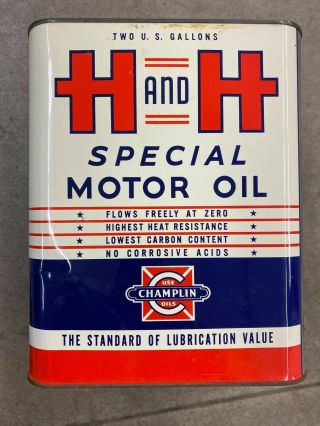 Vintage H and H Special Motor Oil 2 Gallon Can Champlin Oil Oklahoma NOS 2