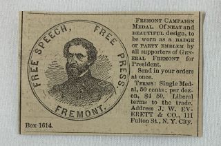 Small 1864 Newspaper Ad General John C Fremont Campaign Medal Button