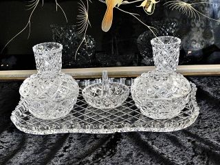 Fabulous Vintage Diamond Cut Crystal Dressing Table Set Bohemia C 1960 
