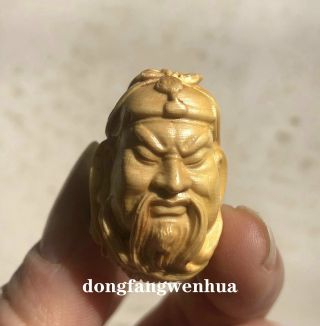 China Boxwood Wood Carving Guan Gong Yu Warrior God Head Pendant Amulet