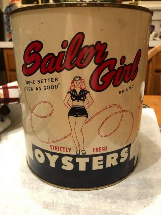Vintage Sailor Girl One Gallon Oyster Can Marked Nj 210