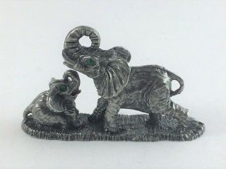Pewter Mother And Baby Elephants With Green Crystal Eyes
