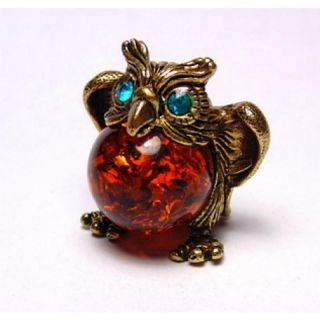 Solid Brass Amber Figurine Of Bird Owl With Amber Belly Made In Russia