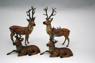 4 Vintage German Lead Metal Putz Deer Standing And Laying