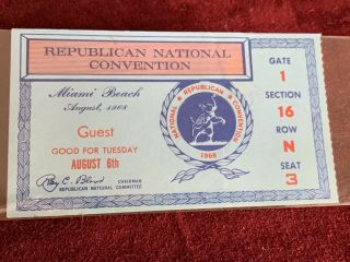 1968 Republican National Convention Miami Tuesday August 6th Guest Ticket
