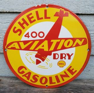 Vintage " Shell Aviation Airplane Dry Gasoline " 11 3/4 " Porcelain Metal Oil Sign