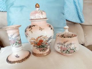 Vintage St.  Michael M&s Peony Japanese Porcelain Flowers Trio In Pink Gilt