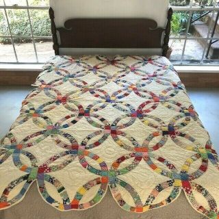 Full Vintage Feed Sack Hand & Machine Pieced,  Hand Quilted Wedding Ring Quilt