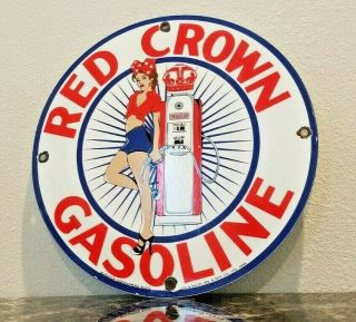 Vintage Red Crown Gasoline Porcelain Pin Up Girl Service Station Pump Plate Sign