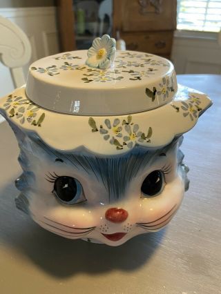 Miss Priss Cookie Jar Lefton Japan Vintage Ceramic Blue Kitty Cat 7” Tall
