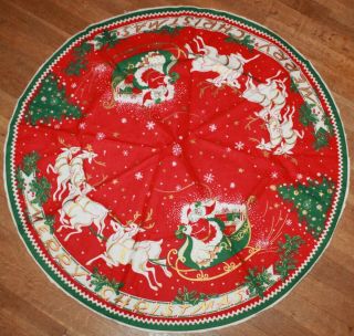 Vintage Cloth Merry Christmas Round Tree Skirt Tablecloth Santa Sleigh Reindeer