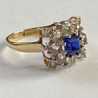 Vintage 9ct Gold Emerald Cut Blue Stone Ring Size M