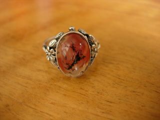 Vintage Bernard Instone Arts & Crafts Silver Ring With Moss Agate,  Sterling
