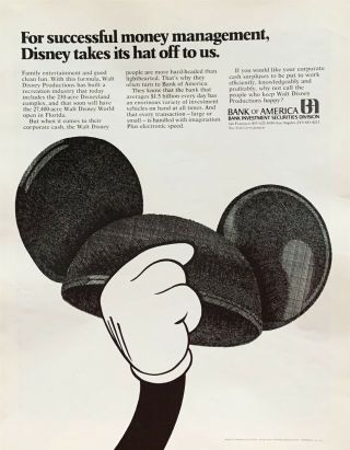 1970 Bank Of America 4 Money Management Disney Takes Its Hat Off To Us Print Ad