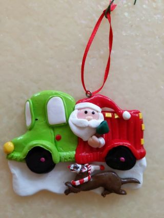 Artist Crafted Running Ferret And Santa Truck Christmas Ornament Decoration