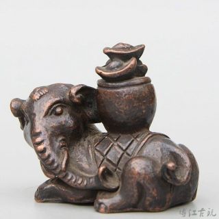 Collect China Red Copper Hand - Carved Lovely Elephant & Wealth Decorate Statue 3