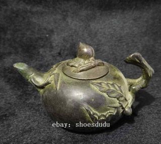 Old Antique Chinese Bronze Copper Handmade Carved Shou Tao Paste Leaves Teapots