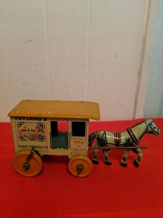 Vtg Marx Tin Litho Wind Up Toy Horse And Wagon Toyland 