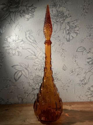 Vintage 1970s Large Italian Empoli Amber Knobbly Glass Genie Bottle Italy