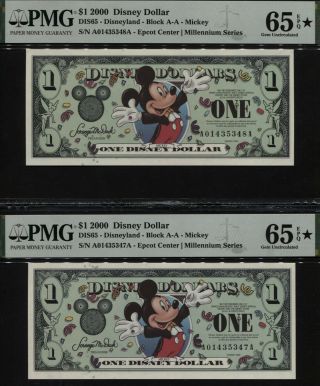 Tt 2000 Disney Dollar $1 Mickey & Epcot Happiest Note On Earth Pmg 65q Star Set