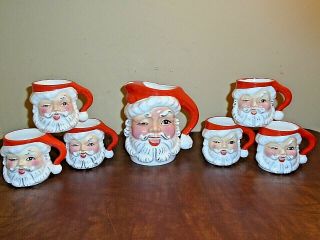 Vintage Napco Winking Santa Claus Face Christmas Pitcher & 6 Mugs Ceramic Japan