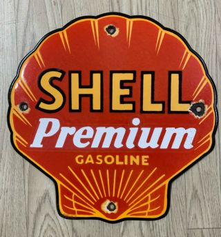 Vintage Shell Premium Gasoline 12”x12” Porcelain Enamel Sign.