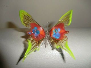 Hand Blown Glass Green Red Butterfly Figurine Murano Style Art 3 " W X 2 " H