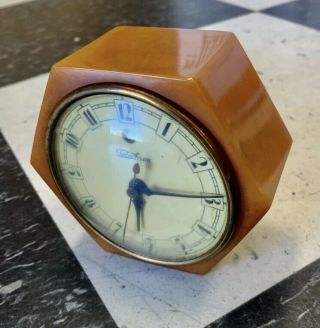 Vintage Yellow Catalin Alarm Clock Swirl Art Deco Octagon Shape,