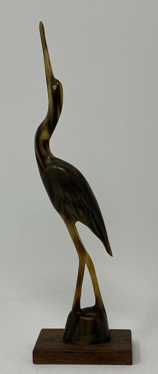 Vintage Heron Egret Stork Carved From Antler Horn On Wooden Base 9.  5” Tall