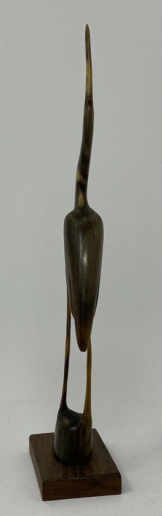 Vintage Heron Egret Stork Carved From Antler Horn On Wooden Base 9.  5” Tall 2