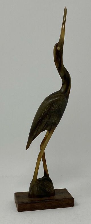 Vintage Heron Egret Stork Carved From Antler Horn On Wooden Base 9.  5” Tall 3