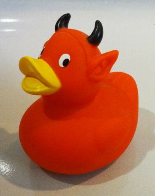 Red Devil Rubber Duck 3.  75 " Black Horns Black Pitchfork Ducky