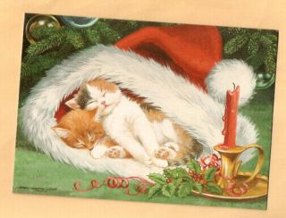 Christmas Cards Cat Kitten Santa Claus Hat Glitter Box Of 16 Last One ^