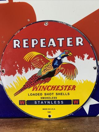1961 Vintage  Winchester  (repeater) Porcelain Gas & Oil Sign 12 Inch
