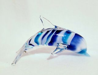 Art Glass Dolphin Figurine Paper Weight 6 " Swirl Blue Teal White & Clear