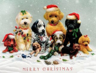 10 Embossed Boxed Christmas Cards Puppies Dogs Dachshund Poodle Yorkie Dalmatian