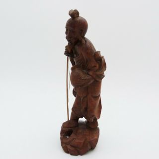 CHINESE CARVED WOODEN FIGURE OF A FISHERMAN HOLDING A FISHING ROD 3